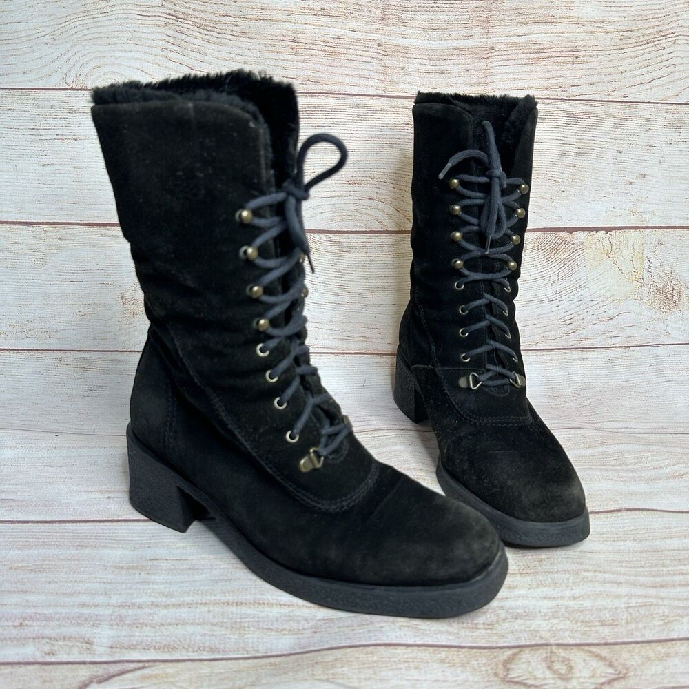 Aquatalia Marvin K Italy Black Suede Chunky Block Heel Combat Boots Women's 8